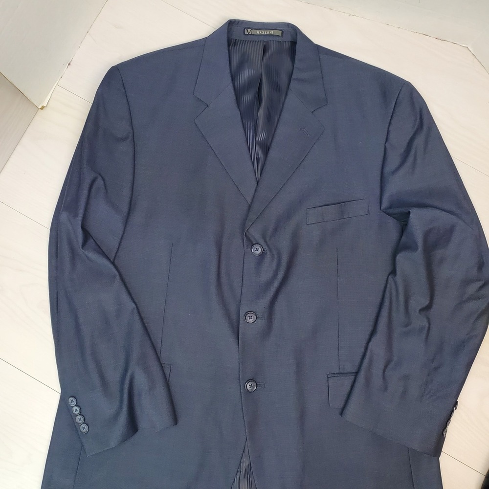 Mazzoni Mens 2 Piece Suit 44R Blazer 38R Pants Blue Dark Academia Quiet Luxury